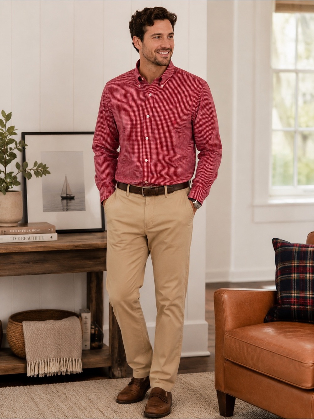 Nautica Men’s Red Check Button Down Shirt | Classic Long Sleeve Casual Oxford